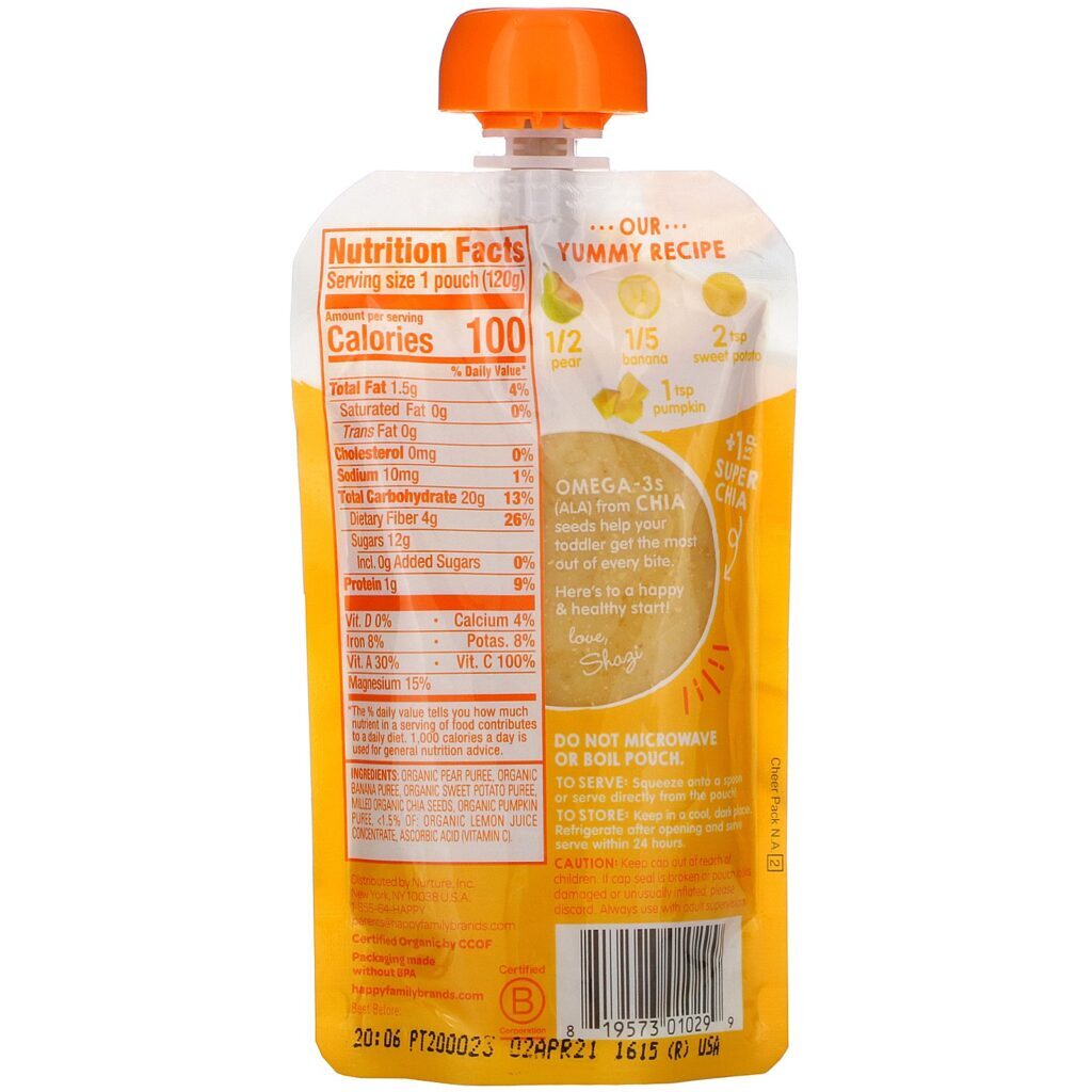 Happy Family Organics, Happy Tot, Superfoods, Pears, Bananas, Sweet Potato & Pumpkin + Superchia, 4.22 oz (120 g) - Imagem 2