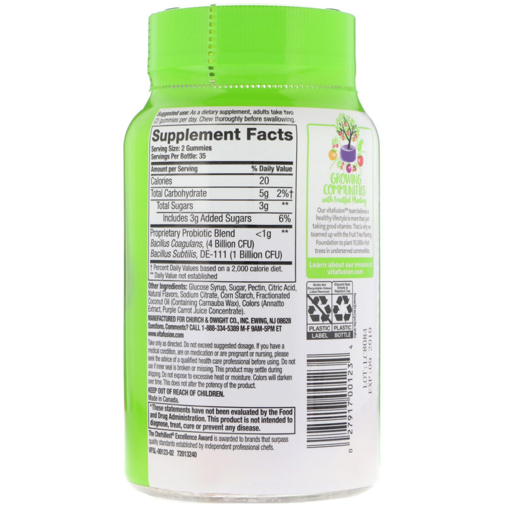 VitaFusion, Probiotic, Natural Raspberry, Peach & Mango Flavor, 5 Billion CFUs, 70 Gummies - Imagem 2