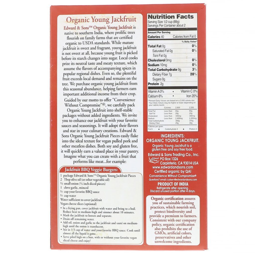 Edward & Sons, Organic Young Jackfruit, Unseasoned Pieces, 7 oz (200 g) - Imagem 2