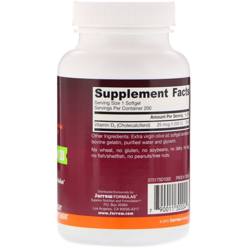 Jarrow Formulas, Vitamin D3, Cholecalciferol, 1,000 IU, 200 Softgels - Imagem 2