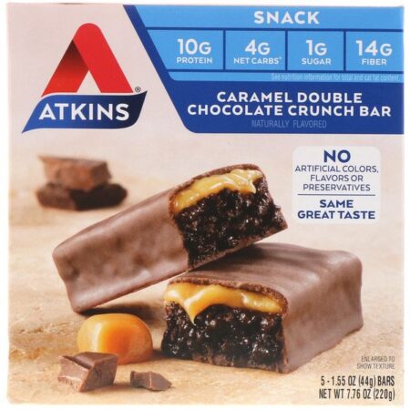 Atkins, Lanche, Barra Crocante de Caramelo e Chocolate Duplo, 5 Barrinhas, 44 g (1,55 oz) Cada