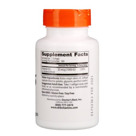 Doctor's Best, Vitamina D3, 25 mcg (1.000 UI), 180 Cápsulas Softgel - Image 2