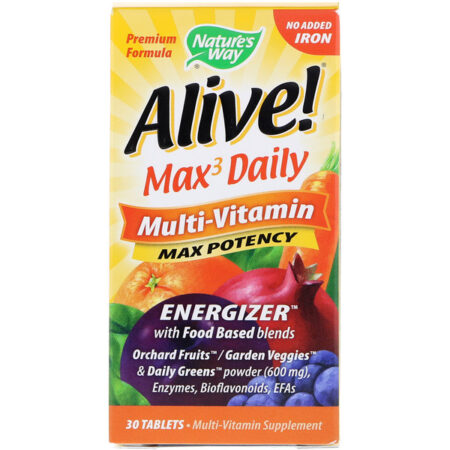 Nature's Way, Alive! Max3 Diário, Multi-Vitaminas, sem adição de ferro, 30 comprimidos