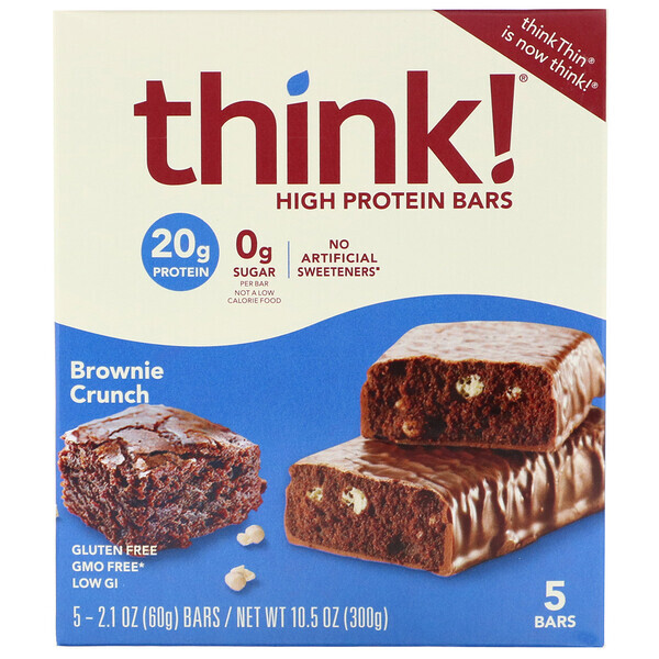 ThinkThin, Barras com Alto Teor de Proteína, Brownie Crunch, 5 Barras, 60 g (2,1 oz) Cada