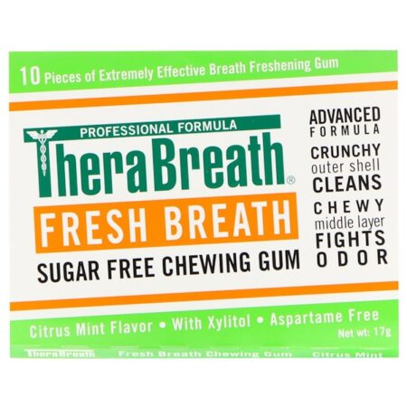 TheraBreath, Hálito fresco, Goma de Mascar sem Açúcar, Sabor Cítrico de Menta, 6 Embalagens, 10 Peças Cada