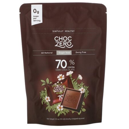 ChocZero, 70% Cocoa Dark Chocolate Squares, Sugar Free, 10 Pieces, 3.5 oz Each