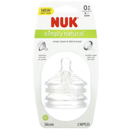 NUK, Simply Natural, Slow Flow Bottle Nipples, 0 + Months, 2 Nipples