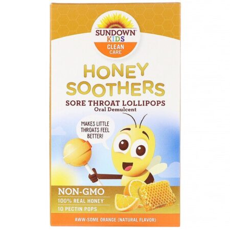 Sundown Naturals Kids, Honey Soothers, Sore Throat Lollipops, Aww-Some Orange, 10 Pectin Pops