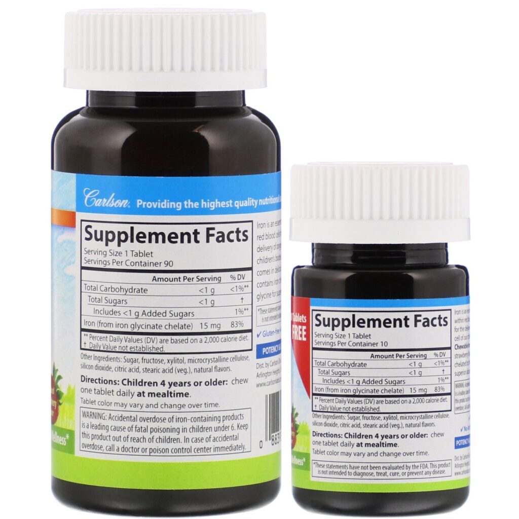 Carlson Labs, Kid's Chewable Iron, Natural Strawberry Flavor, 15 mg, 90 Tablets - Imagem 2