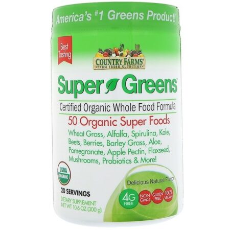 Country Farms, Super Greens, Fórmula de Alimentos Integrais com Certificação Orgânica, Delicioso Sabor Natural, 300 g (10,6 oz)