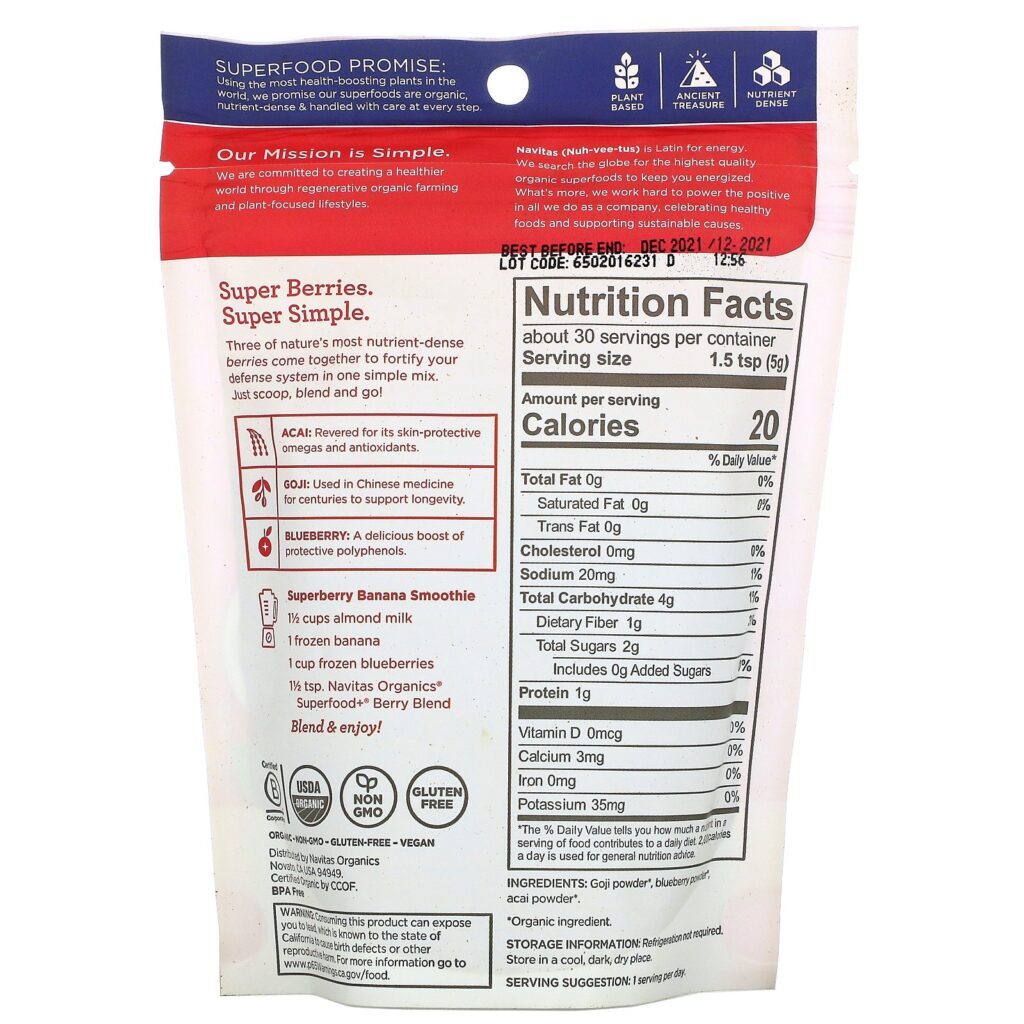 Navitas Organics, Organic Superfood + Berry Blend, Acai + Goji + Blueberry, 5.3 oz (150 g) - Imagem 2