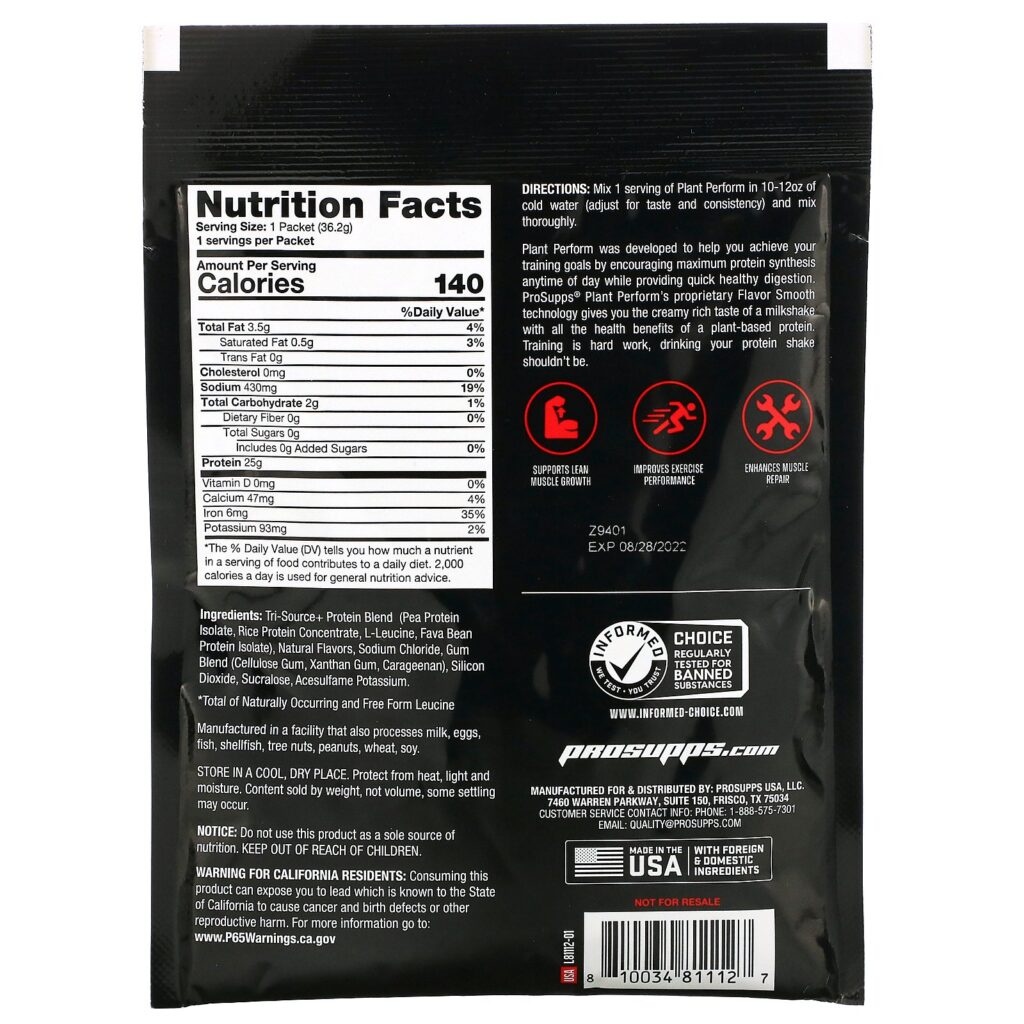 ProSupps, Plant Perform, Performance Plant Protein, Vanilla Creme, 1 packet, 1.27 oz - Imagem 2