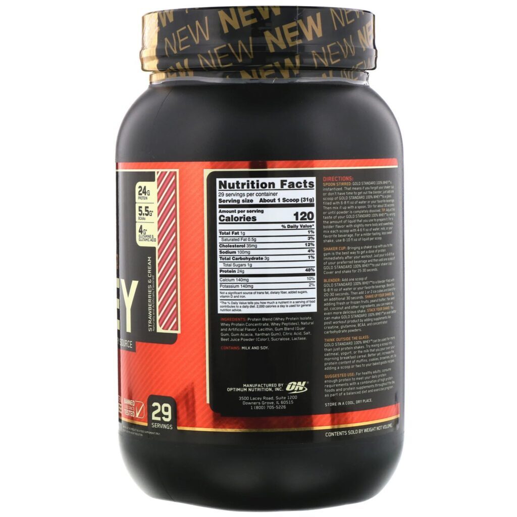 Optimum Nutrition, Gold Standard 100% Whey, Strawberries & Cream, 1.98 lb (899 g) - Imagem 2