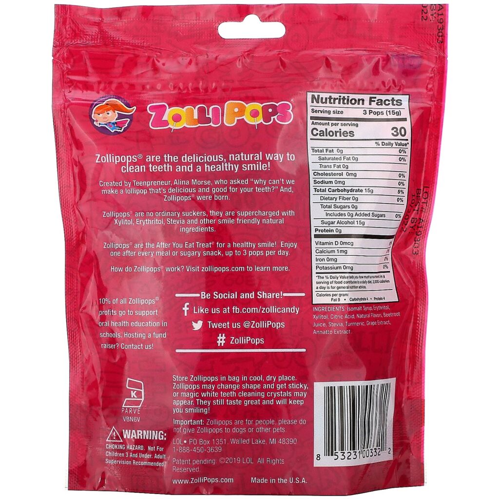 Zollipops, The Clean Teeth Pops, Raspberry, 15 ZolliPops, 3.1 oz - Imagem 2