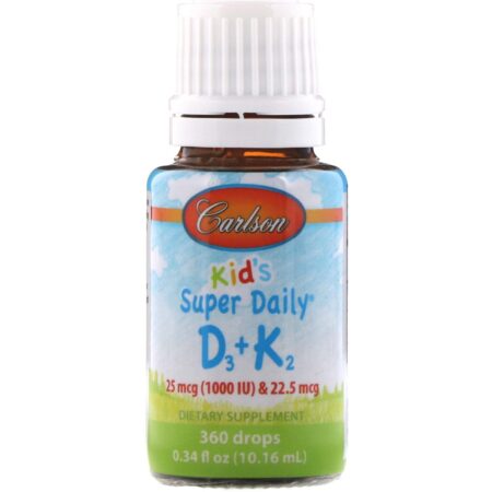 Carlson Labs, Kid's, Super Daily D3+K2, 25 mcg (1,000 IU) & 22.5 mcg, 0.34 fl oz (10.16 ml) - Image 3