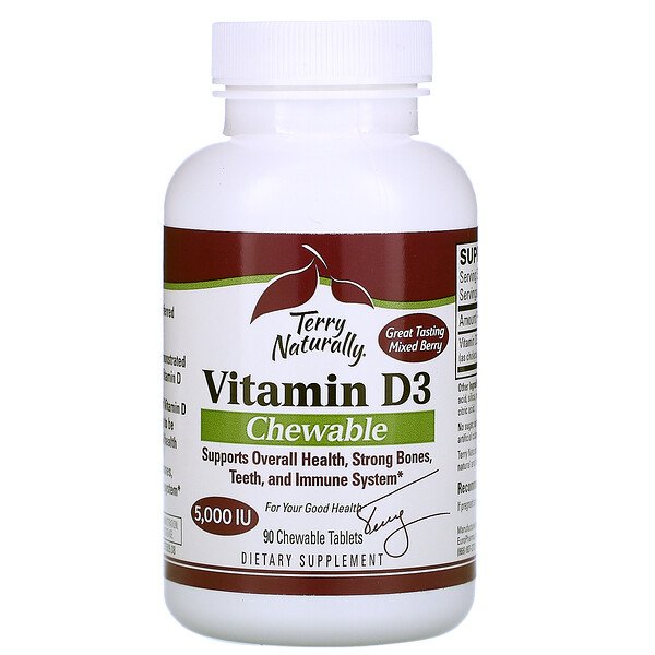 Terry Naturally, Vitamina D3 Mastigável, Frutos Silvestres Mistos, 5.000 UI, 90 Comprimidos Mastigáveis