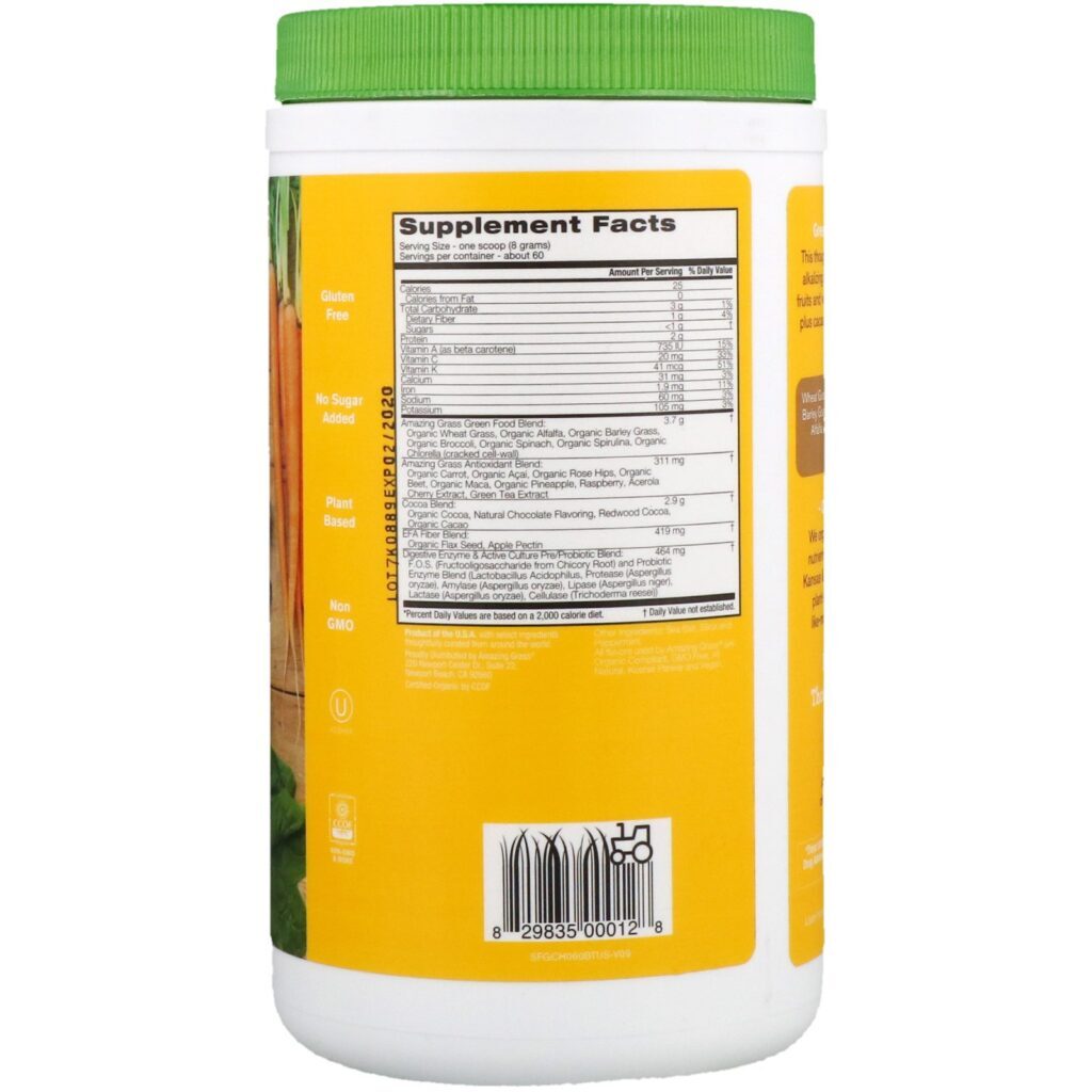 Amazing Grass, Superalimento verde, bebida de chocolate em pó, infusão de cacau, 17 oz (480 g) - Imagem 2