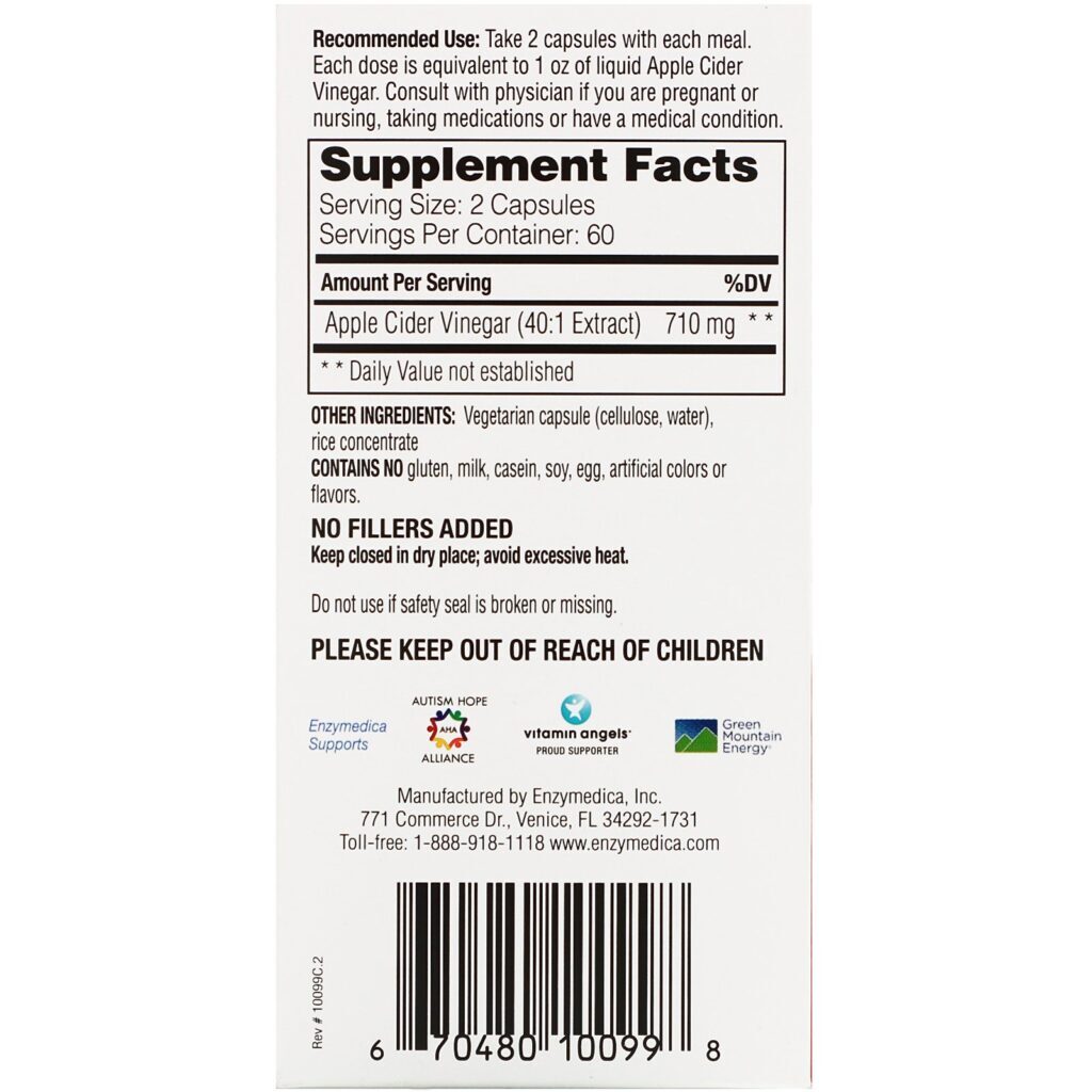Enzymedica, Apple Cider Vinegar with the Mother, 120 Capsules - Imagem 2
