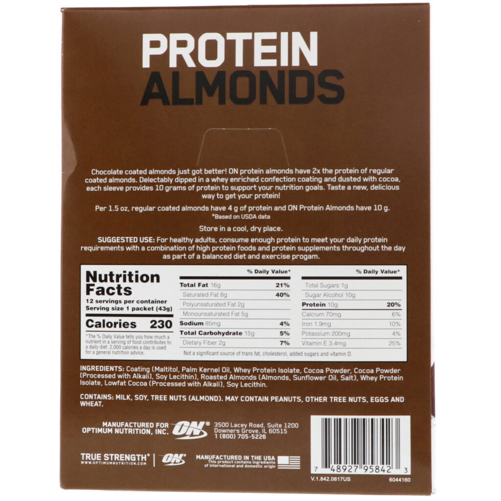 Optimum Nutrition, Amêndoas Proteicas, Trufa de Chocolate Amargo, 12 Embalagens, 1,5 oz (43 g) Cada - Imagem 3