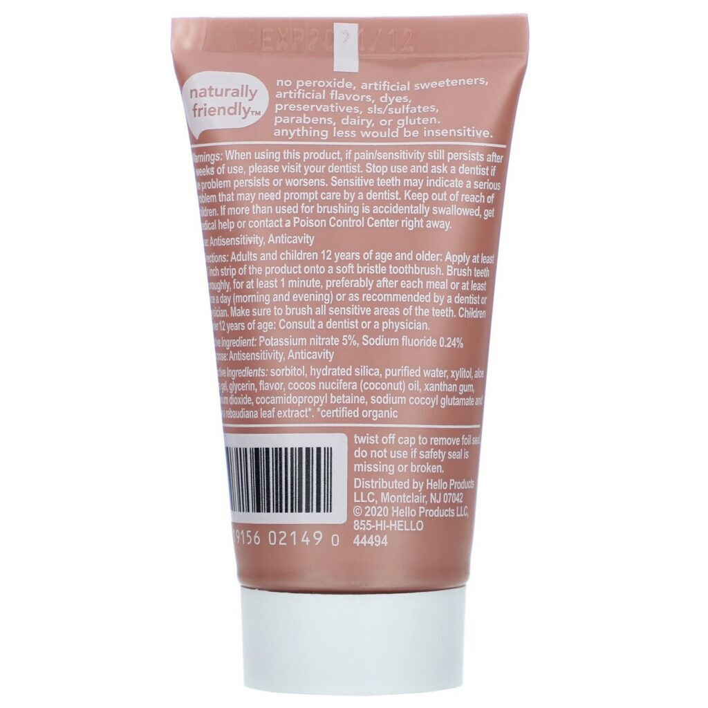 Hello, Sensitivity Relief Fluoride Toothpaste, Soothing Mint with Coconut Oil, 1 oz (28.3 g) - Imagem 2