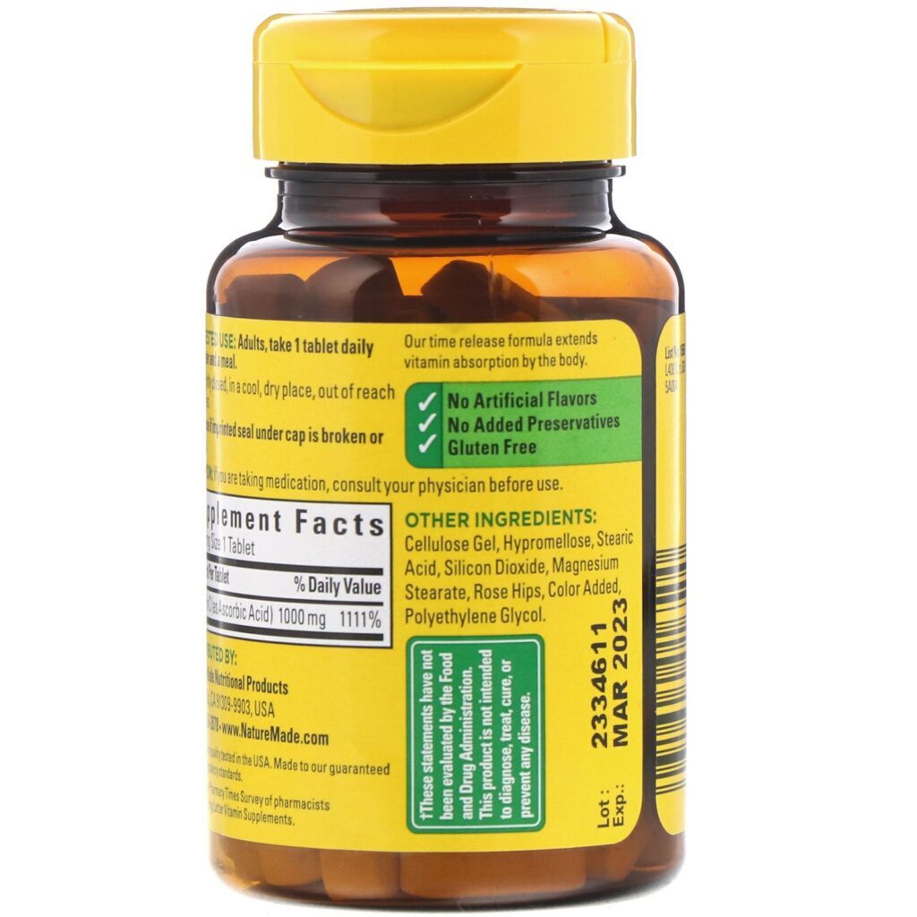 Nature Made, Vitamin C with Rose Hips, Time Release, 1,000 mg, 60 Tablets - Imagem 3