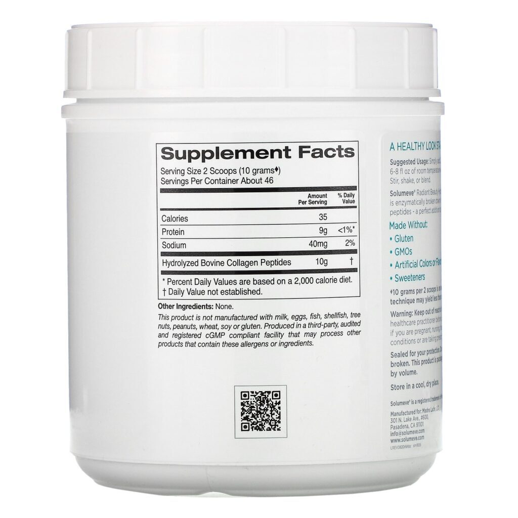 Solumeve, Radiant Beauty, Peptídeos de Colágeno Hidrolisado, Sem Sabor, 460 g (1 lb) - Imagem 2