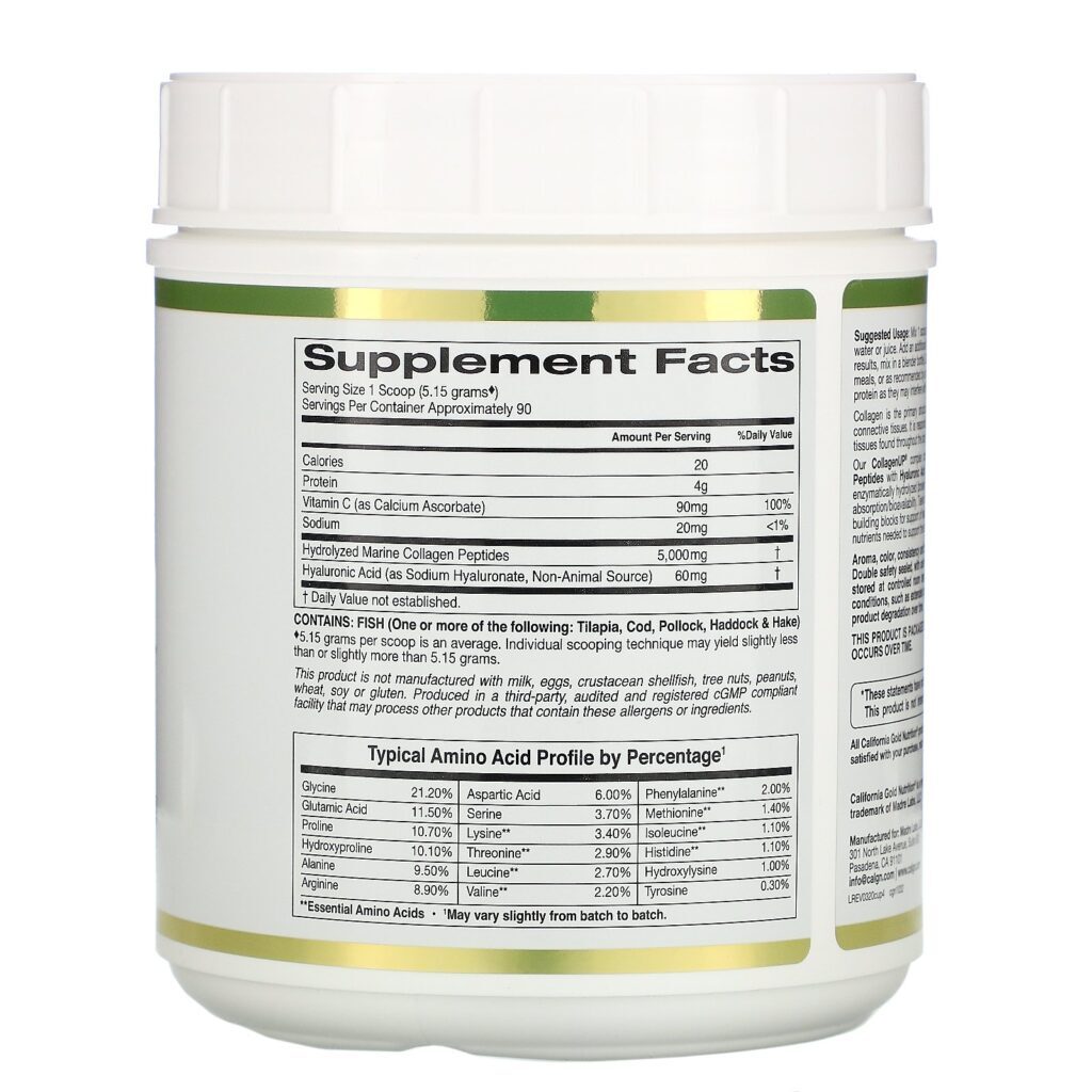 California Gold Nutrition, CollagenUP, Colágeno Hidrolisado Marinho + Ácido Hialurônico + Vitamina C, Sem Sabor, 464 g (16,36 oz) - Imagem 2