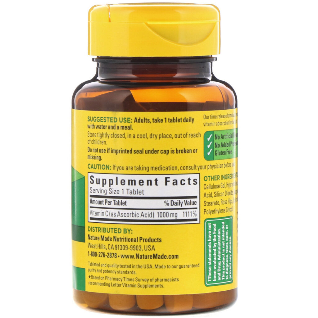 Nature Made, Vitamin C with Rose Hips, Time Release, 1,000 mg, 60 Tablets - Imagem 2