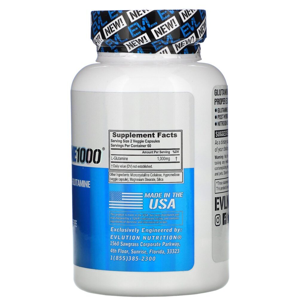 EVLution Nutrition, Glutamine1000, 1,000 mg, 120 Veggie Capsules - Imagem 2