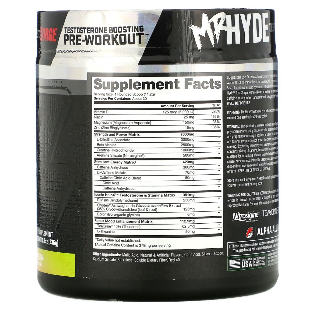 ProSupps, Mr. Hyde Test Surge, Testosterone Boosting Pre-Workout, Sour Watermelon, 11.8 oz (336 g) - Imagem 2