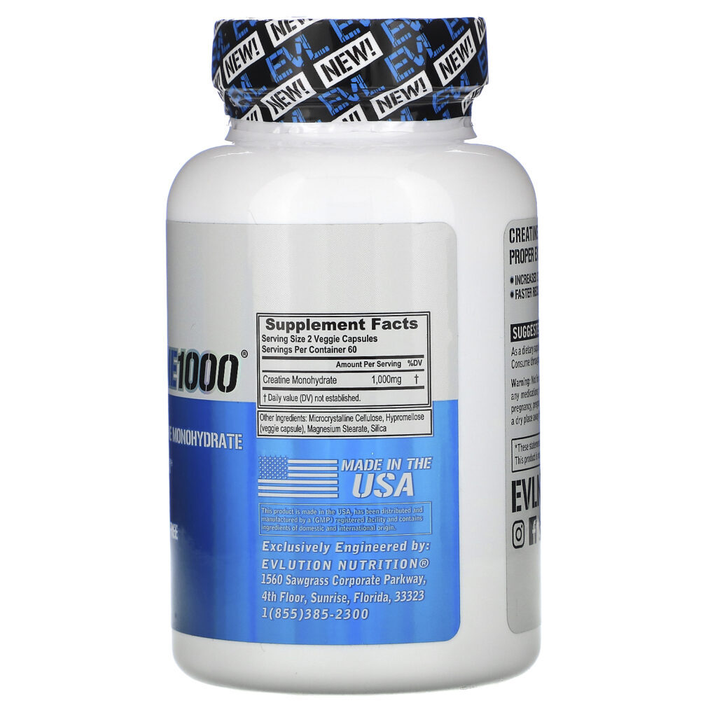 EVLution Nutrition, Creatine1000, 1,000 mg, 120 Veggie Capsules - Imagem 2