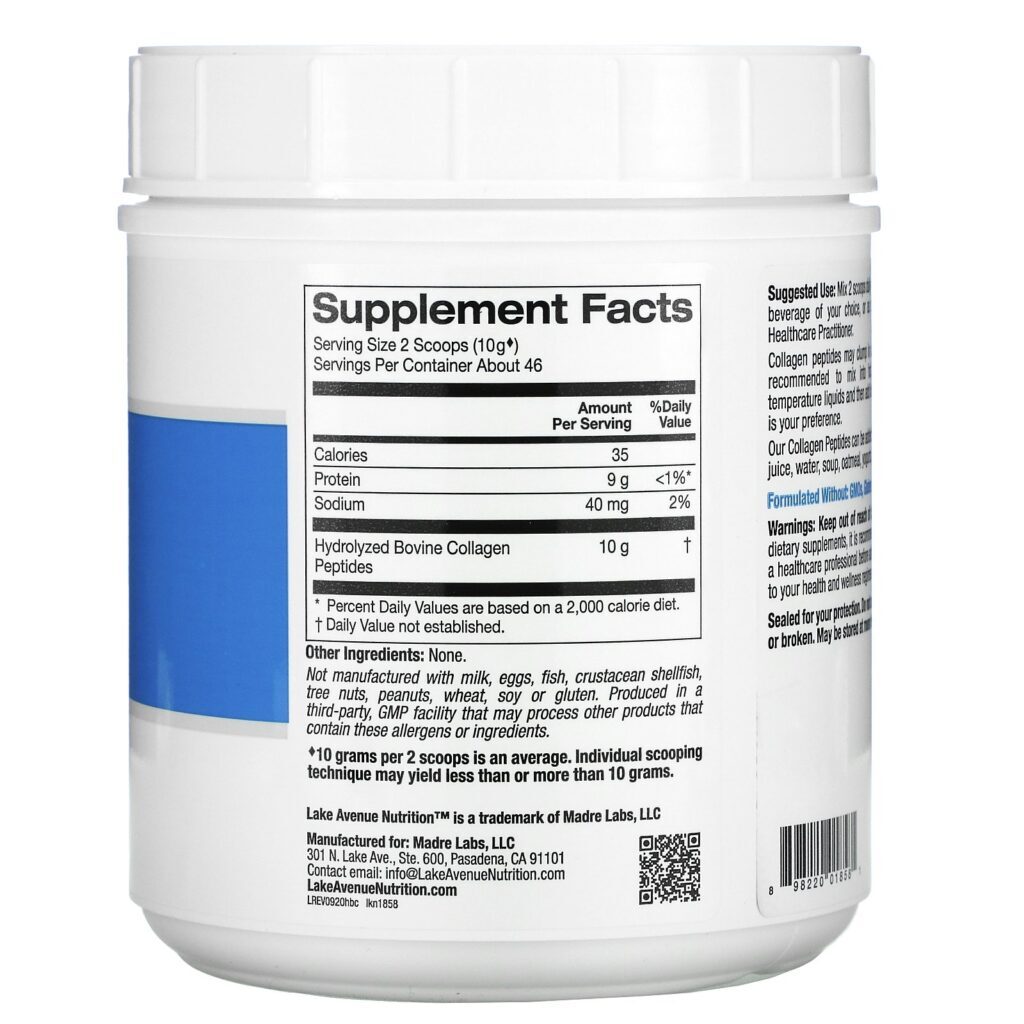 Lake Avenue Nutrition, Peptídeos de Colágeno Hidrolisado Tipos I e III, Sem Sabor, 460 g (1,01 lb) - Imagem 2