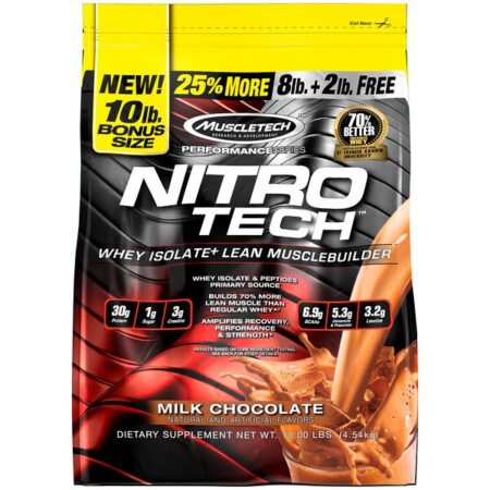 Muscletech, Nitro Tech, Peptídeos de Soro de Leite e Construtor Muscular da Proteína de Soro de Leite Isolada em Pó, Chocolate ao Leite, 4,54 kg (10 lbs)