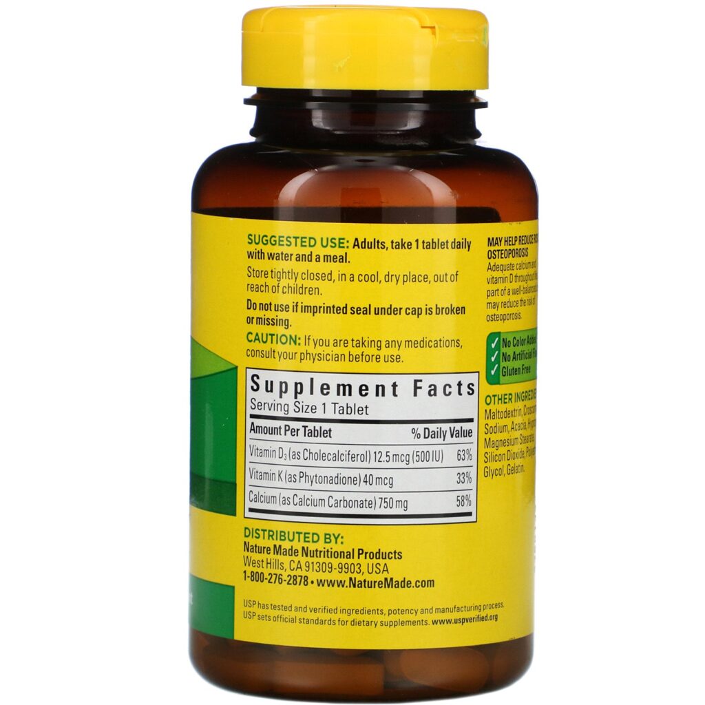Nature Made, Calcium with D3 and K, 750 mg, 100 Tablets - Imagem 2