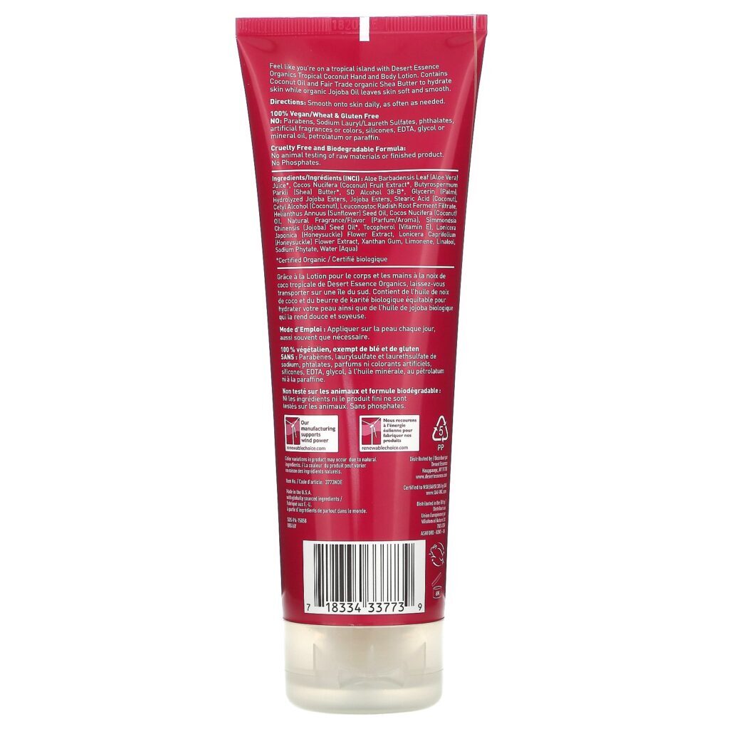 Desert Essence, Orgânica, Loção para Mãos e Corpo, Coco Tropical, 237 ml (8 fl oz) - Imagem 2