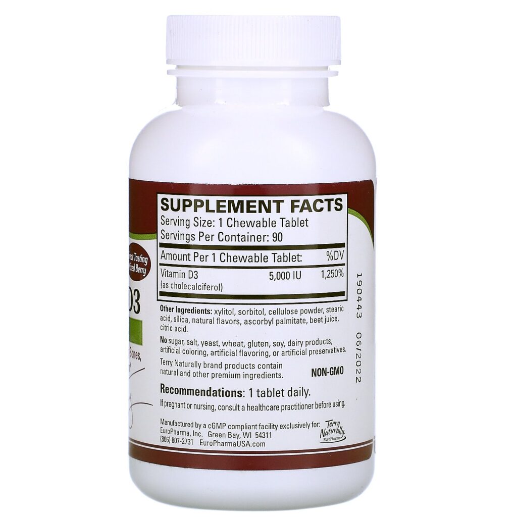 Terry Naturally, Vitamina D3 Mastigável, Frutos Silvestres Mistos, 5.000 UI, 90 Comprimidos Mastigáveis - Imagem 2