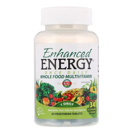 KAL, Enhanced Energy, Multivitamínico de Alimento Integral Uma Vez ao Dia, 60 Comprimidos Vegetarianos