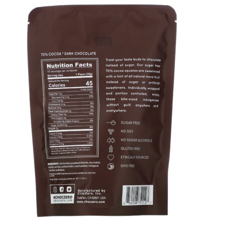 ChocZero, 70% Cocoa Dark Chocolate Squares, Sugar Free, 10 Pieces, 3.5 oz Each - Image 2