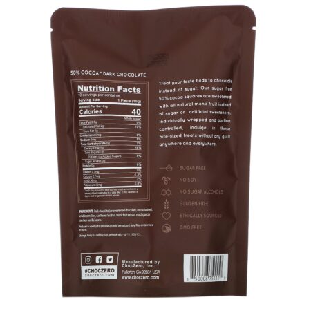 ChocZero, 50% Cocoa Dark Chocolate Squares, Sugar Free, 10 Pieces, 3.5 oz Each - Image 2