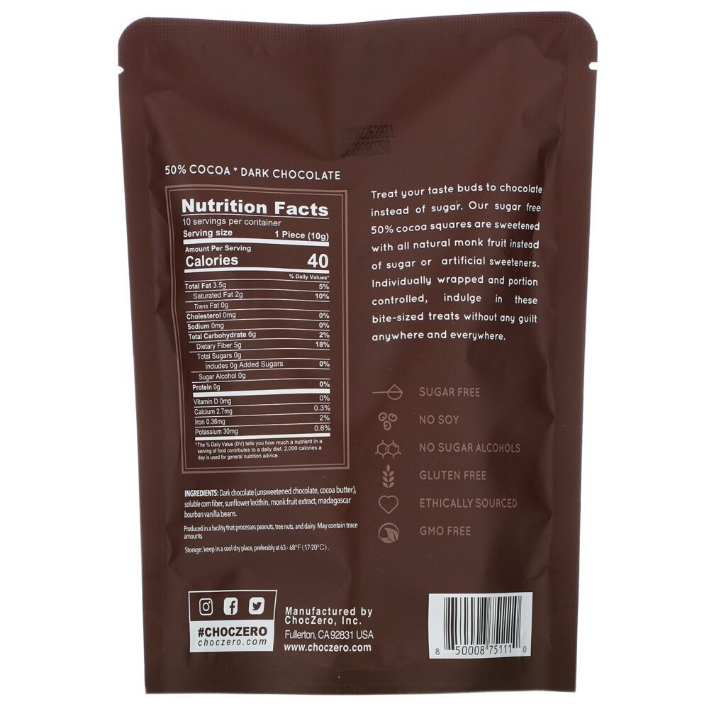 ChocZero, 50% Cocoa Dark Chocolate Squares, Sugar Free, 10 Pieces, 3.5 oz Each - Imagem 2