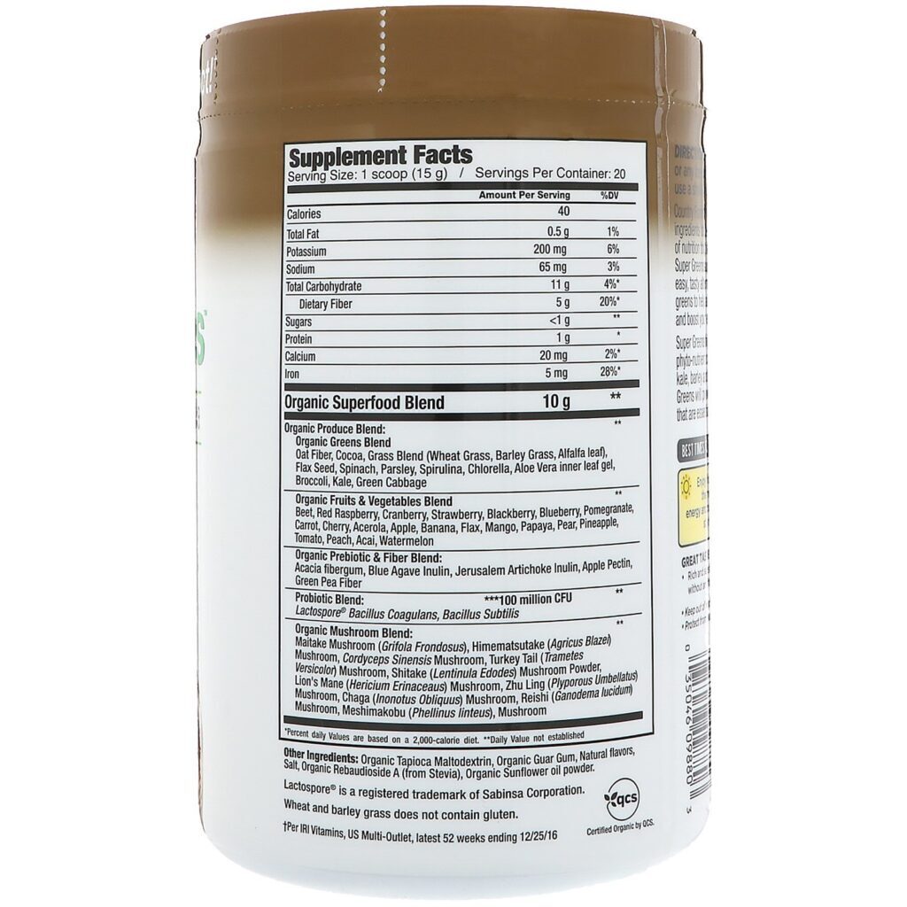 Country Farms, Super Verdes, Fórmula de Alimentos Integrais Certificadamente Orgânica, Sabor Delicioso de Chocolate, 10,6 oz (300 g)