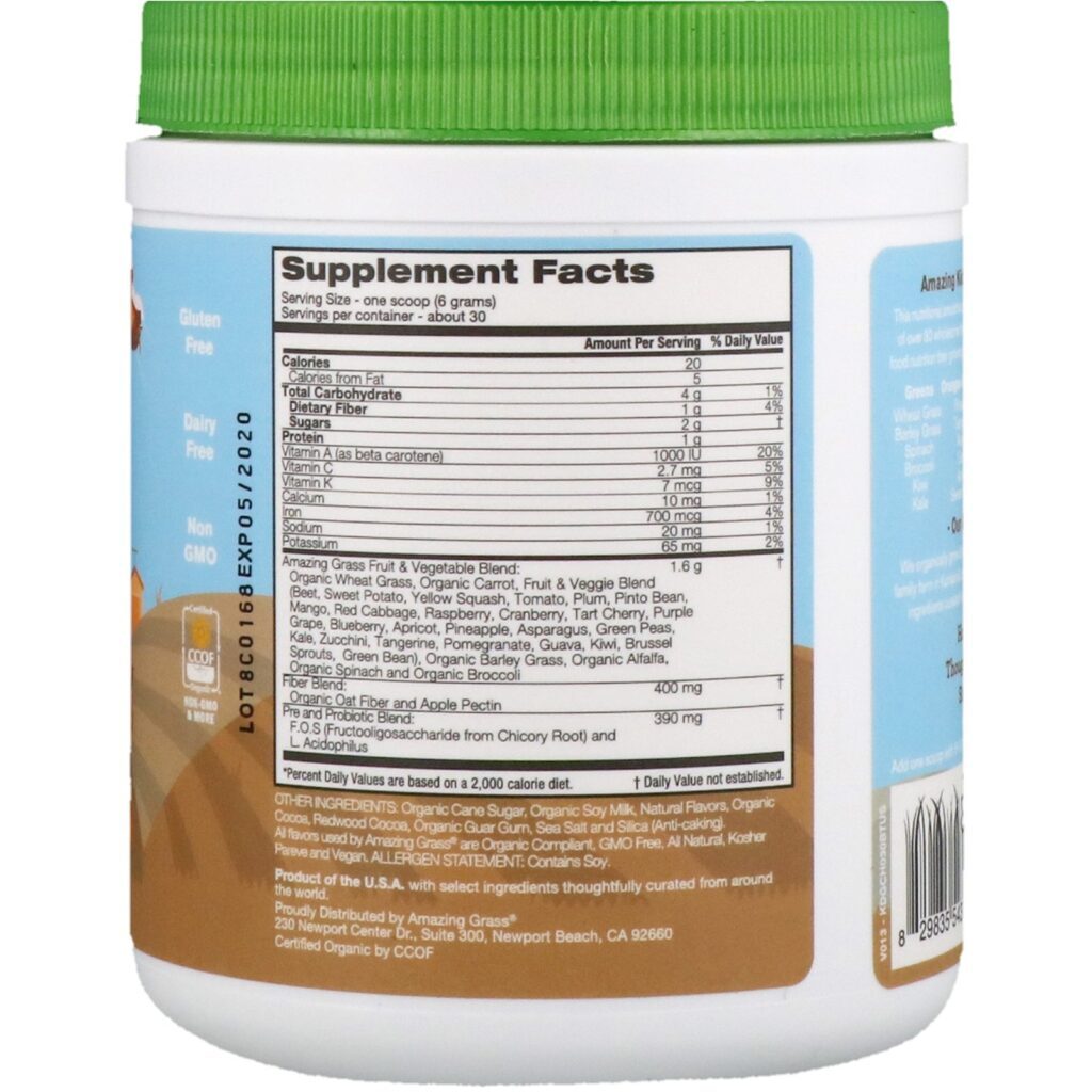 Amazing Grass, Superalimento para Crianças, Sabor escandaloso de chocolate, 6,35 oz. (180 g) - Imagem 2