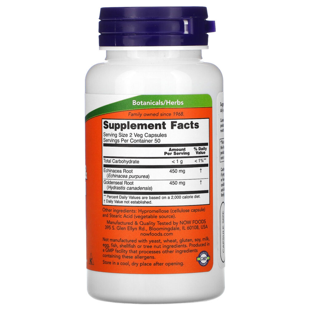 Now Foods, Echinacea & Goldenseal Root, 100 Veg Capsules - Imagem 2