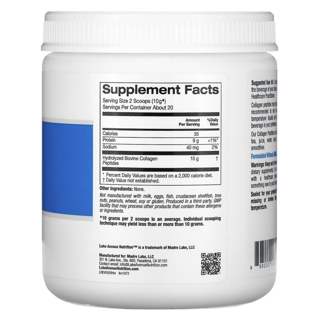 Lake Avenue Nutrition, Peptídeos de Colágeno Hidrolisado Tipo I e III, Sem Sabor, 200 g (7,05 oz) - Imagem 2