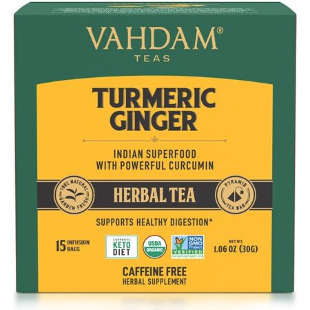 Vahdam Teas, Herbal Tea, Turmeric Ginger, Caffeine Free, 5 Infusion Bags, 1.06 oz (30 g)