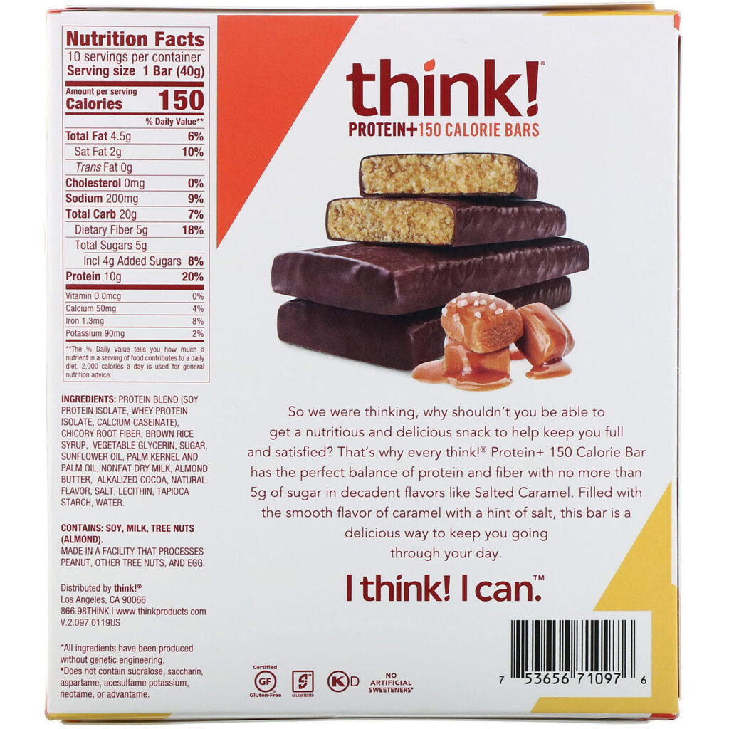 ThinkThin, Protein+ 150 Calorie Bars, Salted Caramel, 10 Bars, 1.41 oz (40 g) Each - Imagem 3