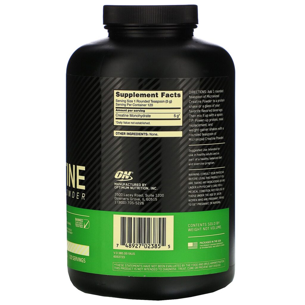 Optimum Nutrition, Creatina em pó micronizada, Sem sabor, 1,32 lb (600 g) - Imagem 2