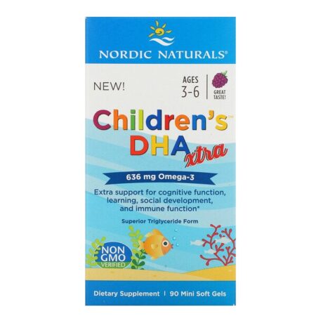 Nordic Naturals, Children's DHA Xtra, Idades de 3 a 6, Frutos Silvestres, 636 mg, 90 Minicápsulas Softgel