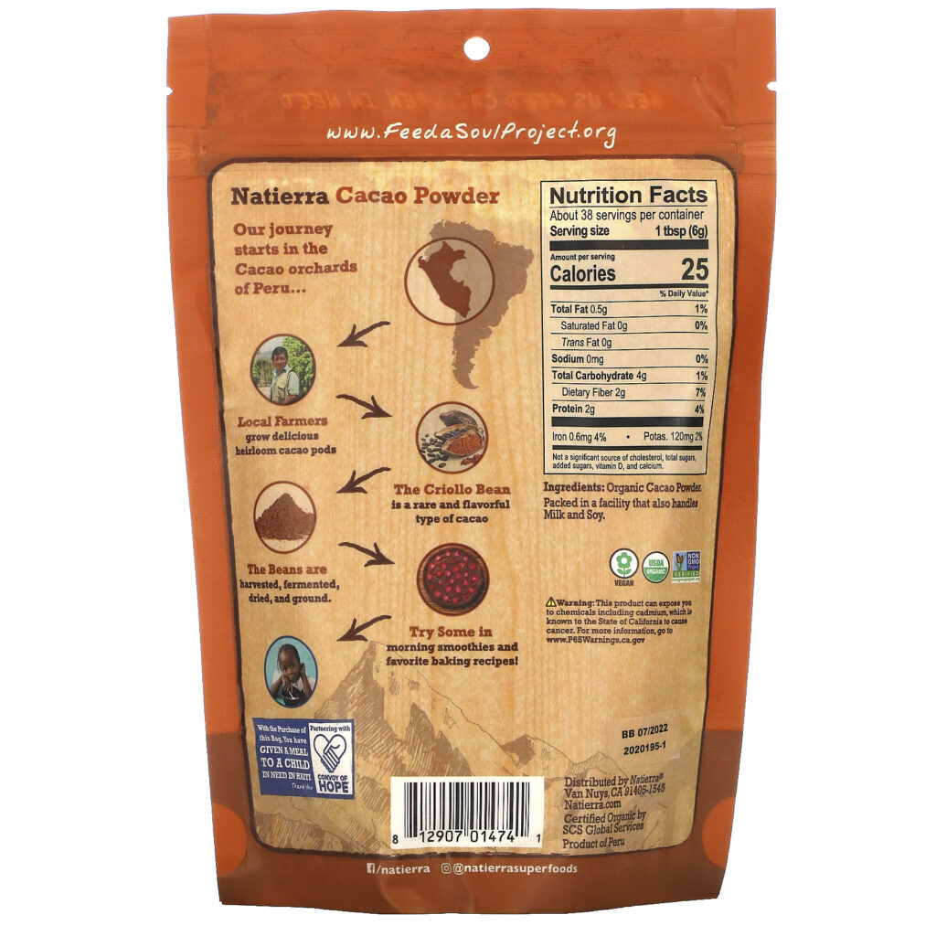 Natierra, Organic Cacao Powder Pouch, 8 oz (227 g) - Imagem 2
