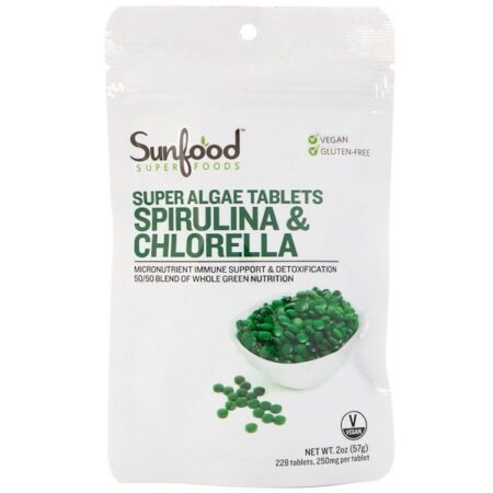 Sunfood, Espirulina e Chlorella, Comprimidos de Superalgas, 225 Comprimidos